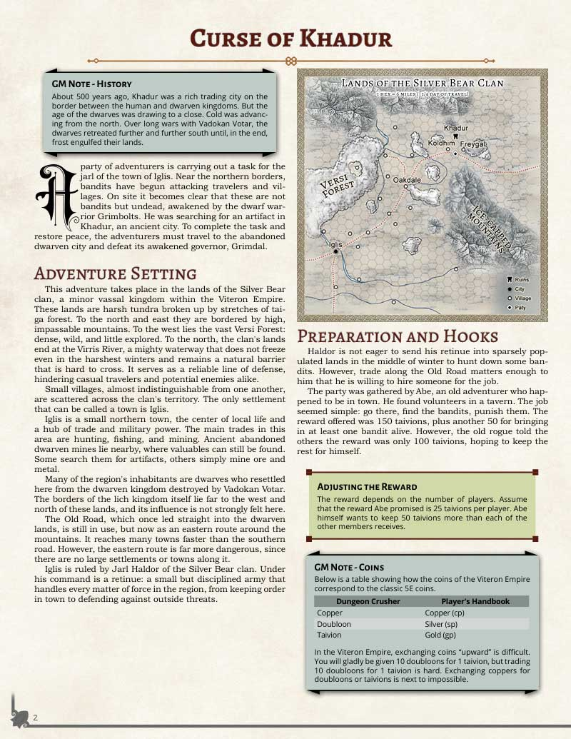 Page 2 of the adventure: the introduction, the Adventure Setting section and a map of the Lands of the Silver Bear Clan with Iglis, Oakdale, Koldhim, Freygal and the ruins of Khadur