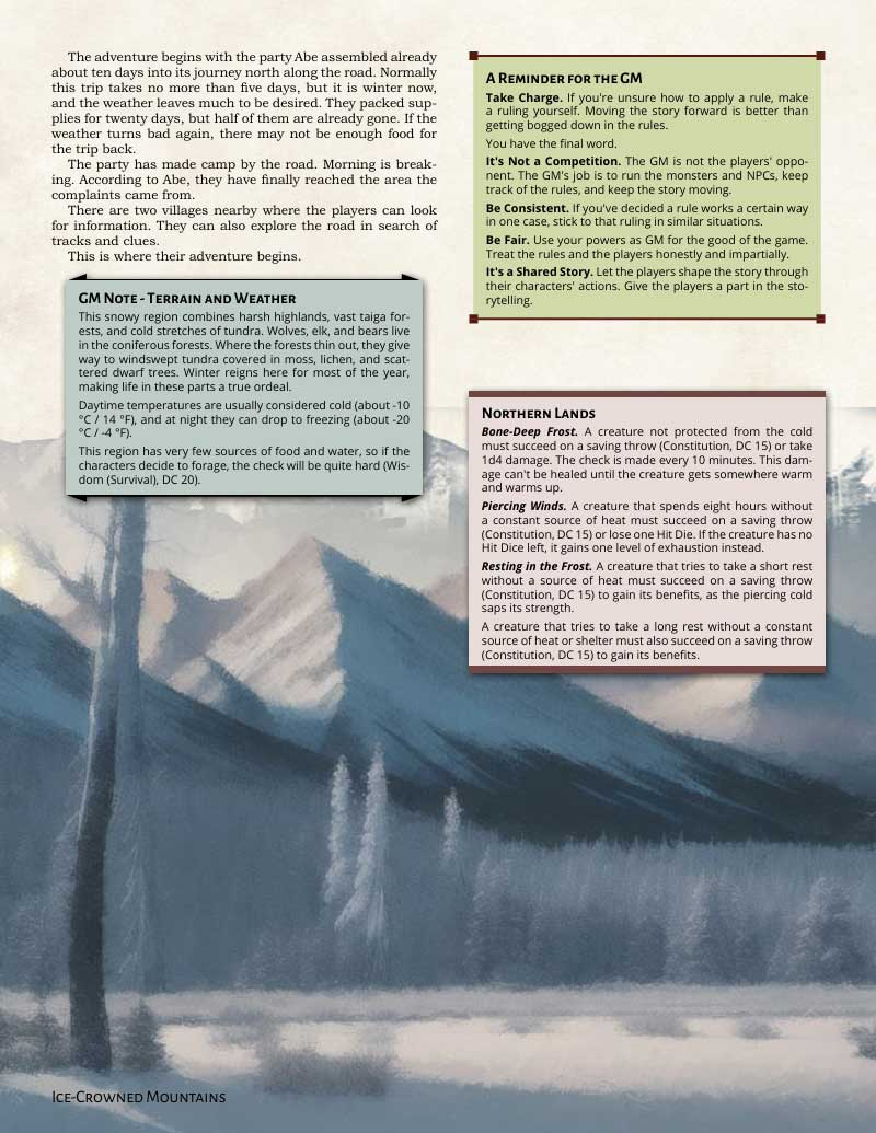 Page 3 of the adventure: GM notes on terrain and weather, a reminder for the GM and the Northern Lands cold rules over a painting of snowy mountains and taiga