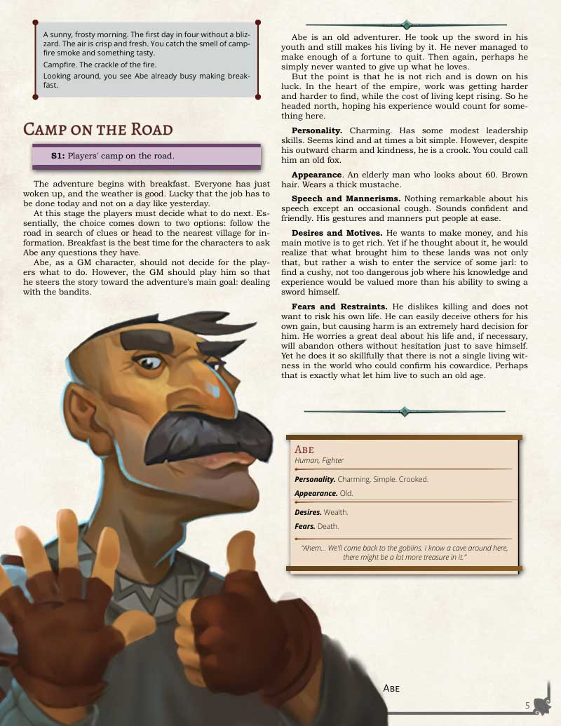 Page 5 of the adventure: the Camp on the Road scene and a profile of Abe, an old human fighter with a thick moustache
