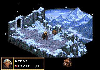 Isometric screenshot: Needs the thief stands on a snowy stone ledge next to a chest, with a mountain valley behind him. The status bar shows his portrait, 12 of 12 hit points and an attack of 1