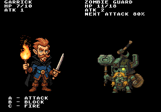 Combat screen: Garrick the bard, with a torch and a sword, faces an armoured zombie guard with a hammer. Garrick has 7 of 10 HP, the zombie 11 of 18 and an 80 percent chance to attack next. Moves on offer: A - Attack, B - Block, C - Fire