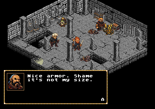 Isometric armoury hall with stone pillars and weapon racks. Three heroes explore it while a bearded warrior remarks: "Nice armor. Shame it's not my size."
