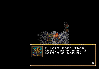A pitch-dark crypt where only the patch around one hero is lit. A lich in a golden crown speaks: "I kept more than that, warm one. I kept the words."