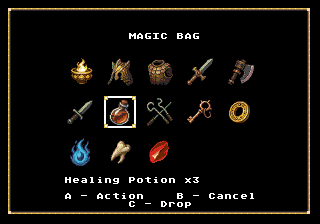 Magic Bag inventory screen with fifteen items: a brazier, armour, swords, an axe, keys, a ring, a tooth, a blue flame and a red gem. The selected item is Healing Potion x3